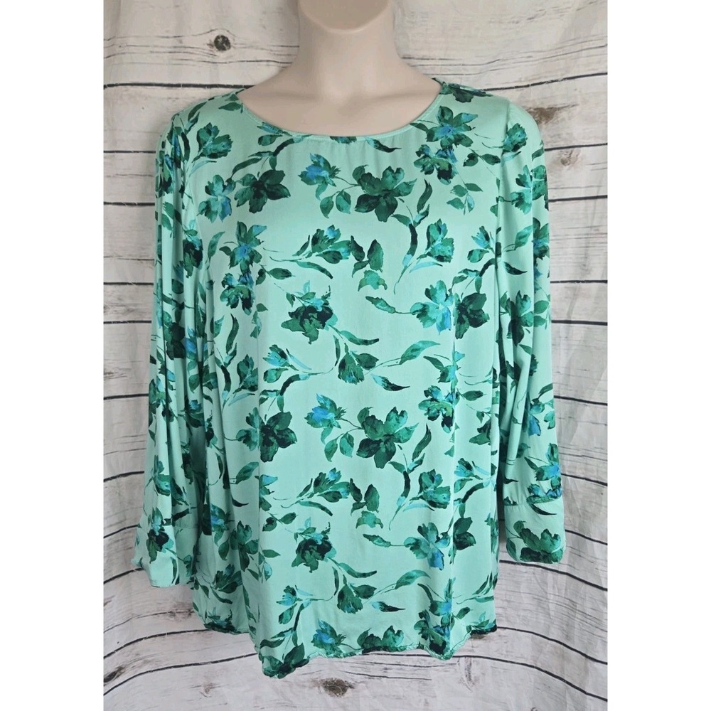 J Jill Green Floral Tunic Top 2X Long Sleeves 100% Lenzing Viscose Womens